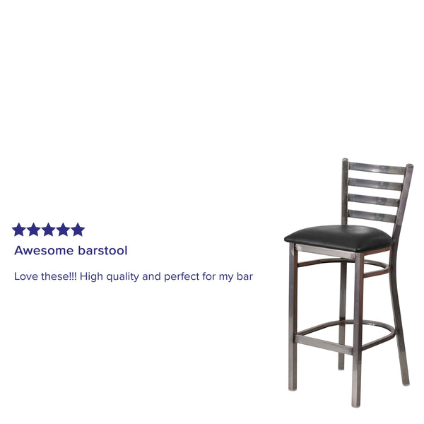 Black Vinyl Seat/Clear Coated Metal Frame |#| Clear Coated Ladder Back Metal Restaurant Barstool - Black Vinyl Seat
