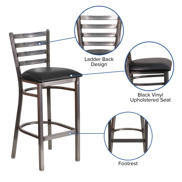 Black Vinyl Seat/Clear Coated Metal Frame |#| Clear Coated Ladder Back Metal Restaurant Barstool - Black Vinyl Seat