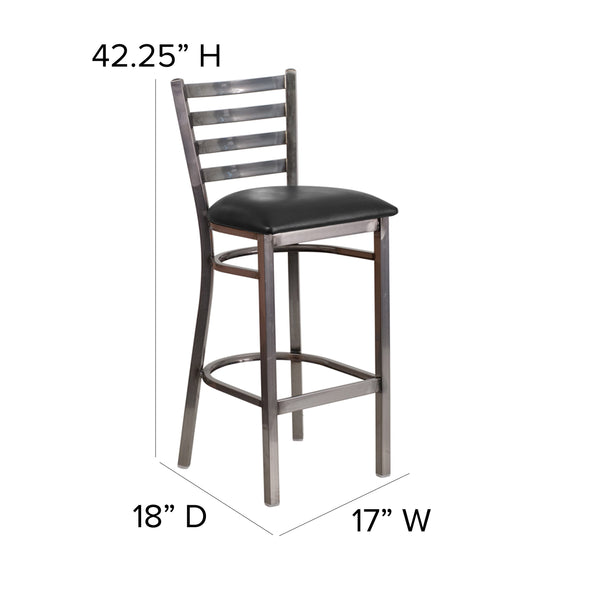 Black Vinyl Seat/Clear Coated Metal Frame |#| Clear Coated Ladder Back Metal Restaurant Barstool - Black Vinyl Seat