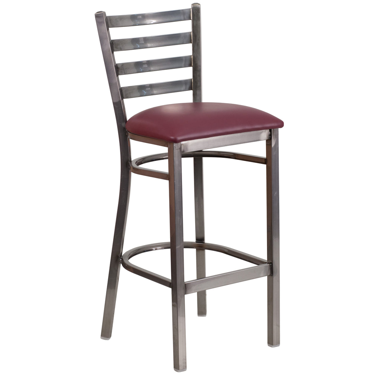 Burgundy Vinyl Seat/Clear Coated Metal Frame |#| Clear Coated Ladder Back Metal Restaurant Barstool - Burgundy Vinyl Seat