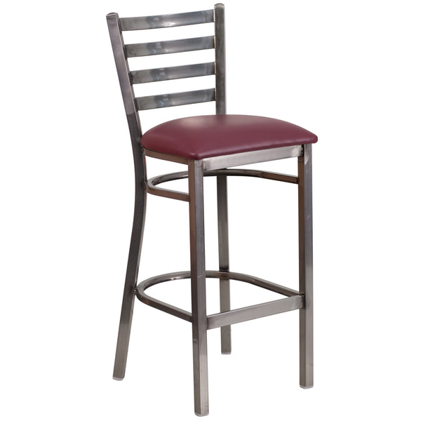 Burgundy Vinyl Seat/Clear Coated Metal Frame |#| Clear Coated Ladder Back Metal Restaurant Barstool - Burgundy Vinyl Seat
