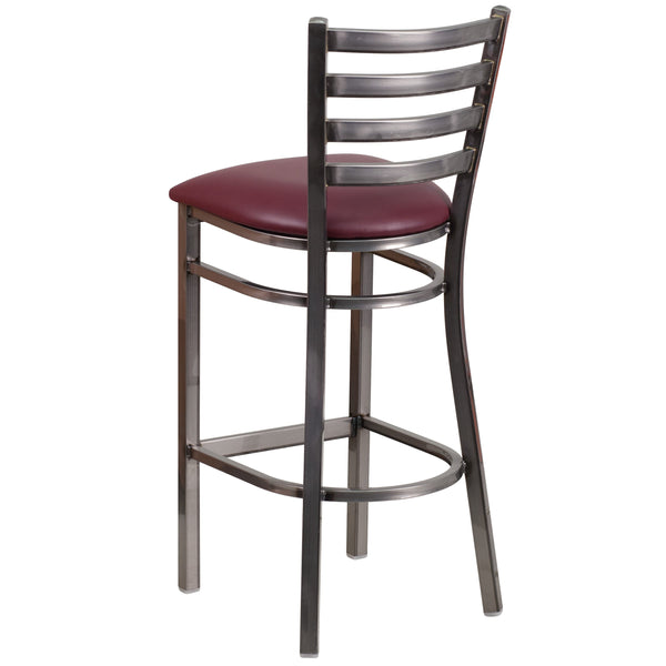 Burgundy Vinyl Seat/Clear Coated Metal Frame |#| Clear Coated Ladder Back Metal Restaurant Barstool - Burgundy Vinyl Seat