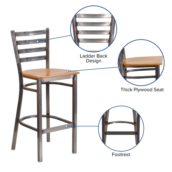 Natural Wood Seat/Clear Coated Metal Frame |#| Clear Coated Ladder Back Metal Restaurant Barstool - Natural Wood Seat