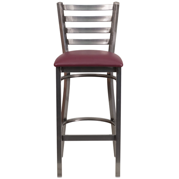 Burgundy Vinyl Seat/Clear Coated Metal Frame |#| Clear Coated Ladder Back Metal Restaurant Barstool - Burgundy Vinyl Seat