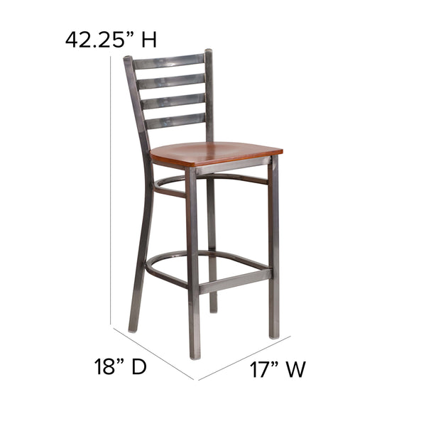Cherry Wood Seat/Clear Coated Metal Frame |#| Clear Coated Ladder Back Metal Restaurant Barstool - Cherry Wood Seat