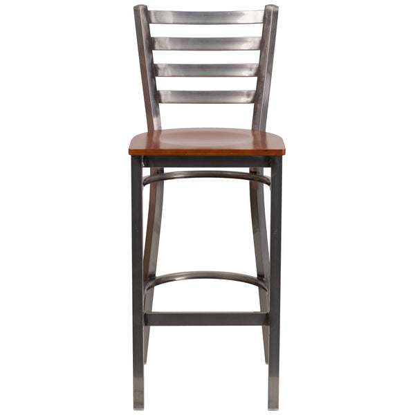 Cherry Wood Seat/Clear Coated Metal Frame |#| Clear Coated Ladder Back Metal Restaurant Barstool - Cherry Wood Seat