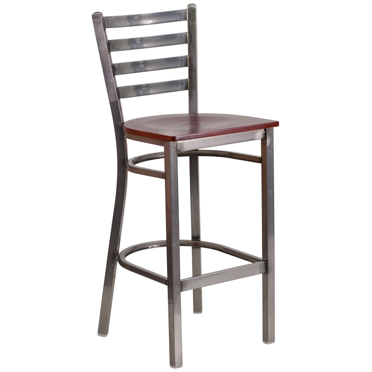 Mahogany Wood Seat/Clear Coated Metal Frame |#| Clear Coated Ladder Back Metal Restaurant Barstool - Mahogany Wood Seat