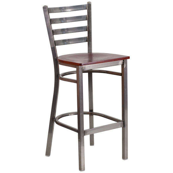 Mahogany Wood Seat/Clear Coated Metal Frame |#| Clear Coated Ladder Back Metal Restaurant Barstool - Mahogany Wood Seat