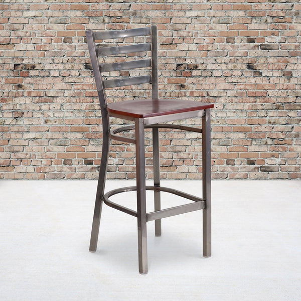Mahogany Wood Seat/Clear Coated Metal Frame |#| Clear Coated Ladder Back Metal Restaurant Barstool - Mahogany Wood Seat