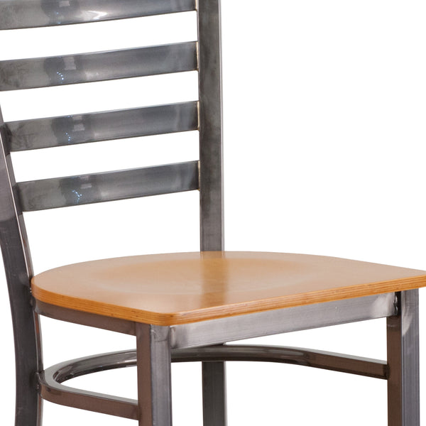 Natural Wood Seat/Clear Coated Metal Frame |#| Clear Coated Ladder Back Metal Restaurant Barstool - Natural Wood Seat