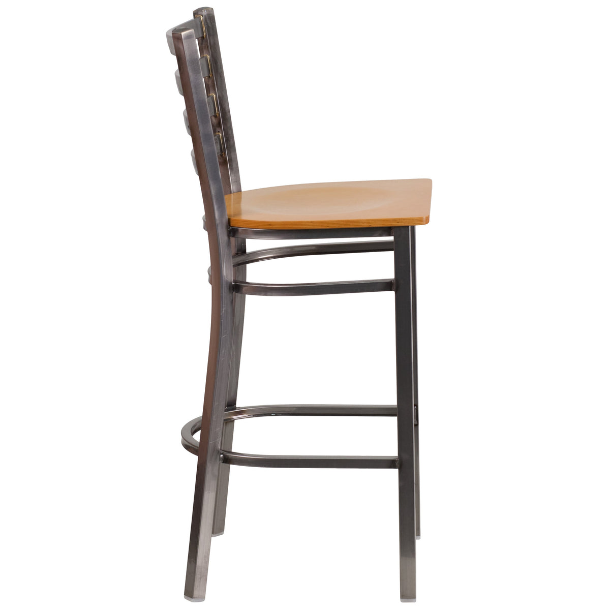Natural Wood Seat/Clear Coated Metal Frame |#| Clear Coated Ladder Back Metal Restaurant Barstool - Natural Wood Seat