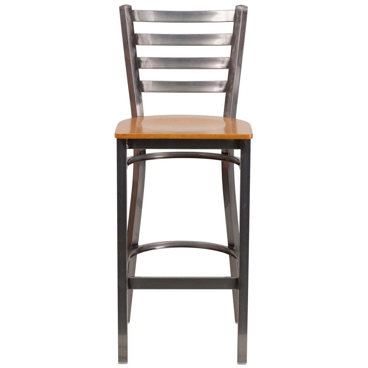 Natural Wood Seat/Clear Coated Metal Frame |#| Clear Coated Ladder Back Metal Restaurant Barstool - Natural Wood Seat