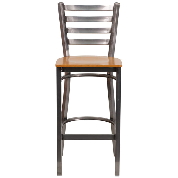 Natural Wood Seat/Clear Coated Metal Frame |#| Clear Coated Ladder Back Metal Restaurant Barstool - Natural Wood Seat