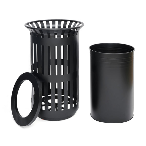 Black |#| Commercial Outdoor Round Slatted Steel 37 Gallon Trash Can with Inner Bin in Blk