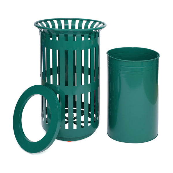 Green |#| Commercial Outdoor Round Slatted Steel 37 Gallon Trash Can with Inner Bin in Grn