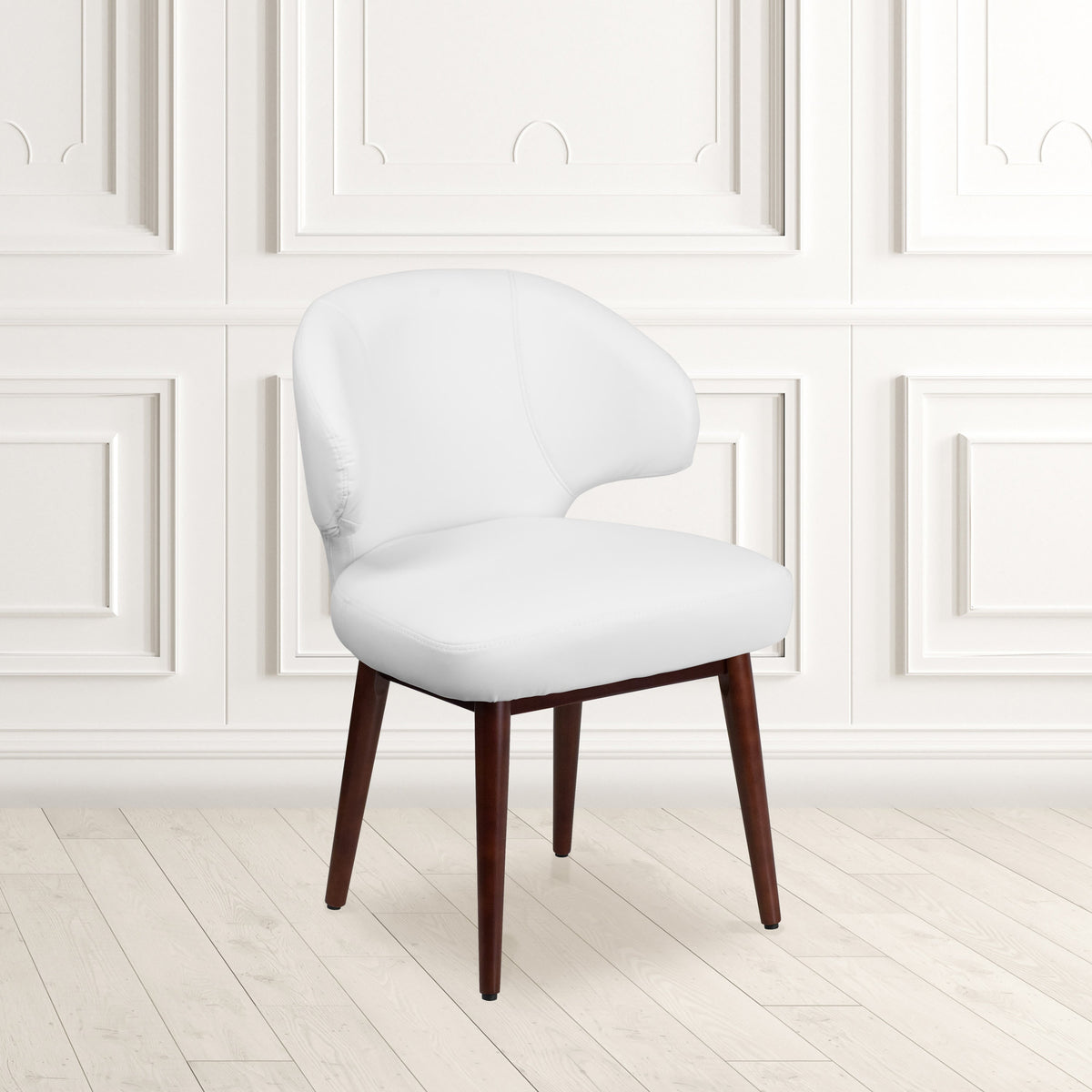 White LeatherSoft |#| White LeatherSoft Side Reception Chair with Walnut Legs - Hospitality Furniture