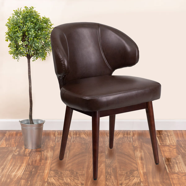 Brown LeatherSoft |#| Brown LeatherSoft Side Reception Chair with Walnut Legs - Hospitality Seating