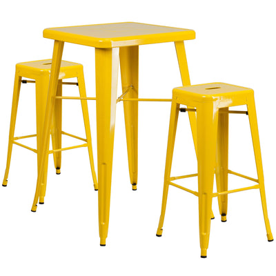 Commercial Grade 23.75" Square Metal Indoor-Outdoor Bar Table Set with 2 Square Seat Backless Stools - View 1