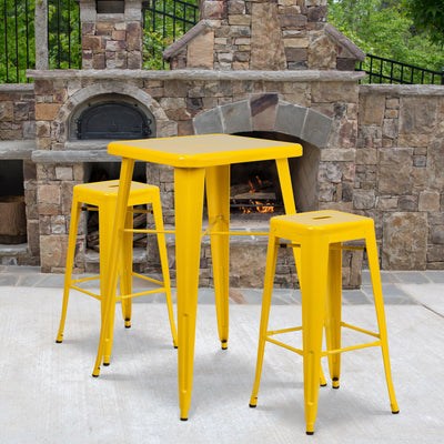 Commercial Grade 23.75" Square Metal Indoor-Outdoor Bar Table Set with 2 Square Seat Backless Stools - View 2