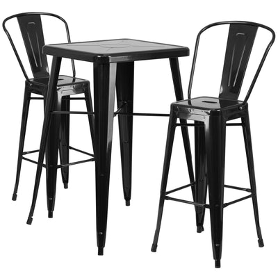 Commercial Grade 23.75" Square Metal Indoor-Outdoor Bar Table Set with 2 Stools with Backs - View 1