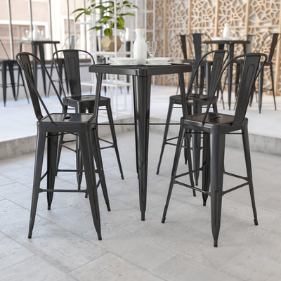 Commercial Grade 23.75" Square Metal Indoor-Outdoor Bar Table Set with 2 Stools with Backs - View 2