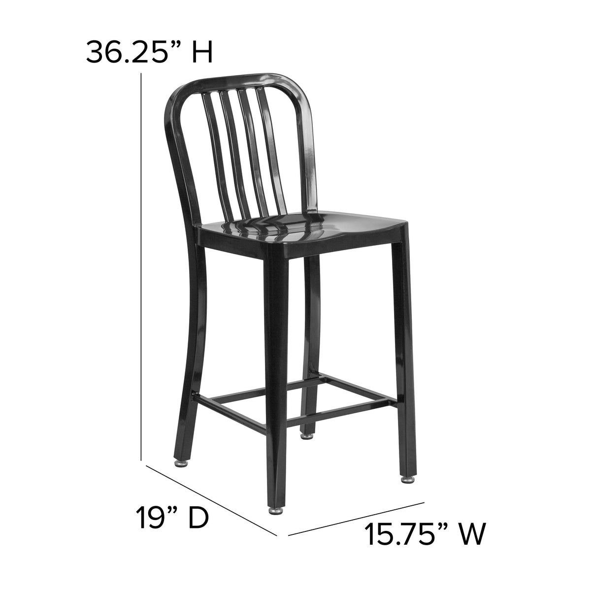 Black |#| 24inch High Black Metal Indoor-Outdoor Counter Height Stool with Vertical Slat Back