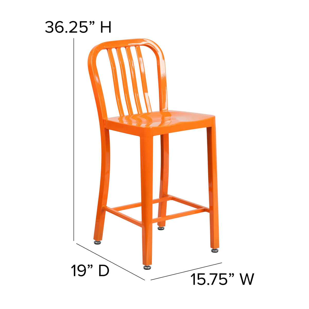 Orange |#| 24inch High Orange Metal Indoor-Outdoor Counter Height Stool w/ Vertical Slat Back