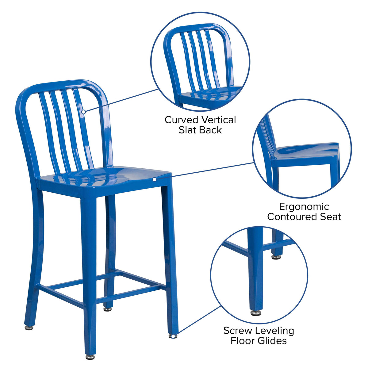 Blue |#| 24inch High Blue Metal Indoor-Outdoor Counter Height Stool with Vertical Slat Back