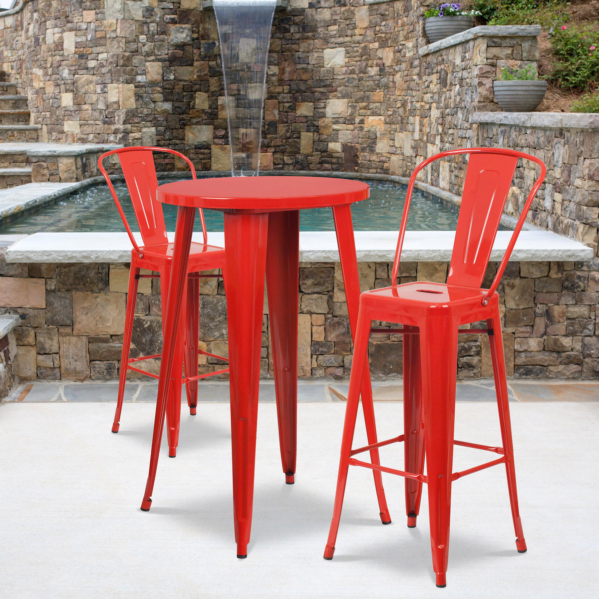 Red |#| 24inch Round Red Metal Indoor-Outdoor Bar Table Set with 2 Cafe Stools