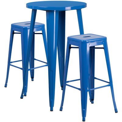 Commercial Grade 24" Round Metal Indoor-Outdoor Bar Table Set with 2 Square Seat Backless Stools - View 1