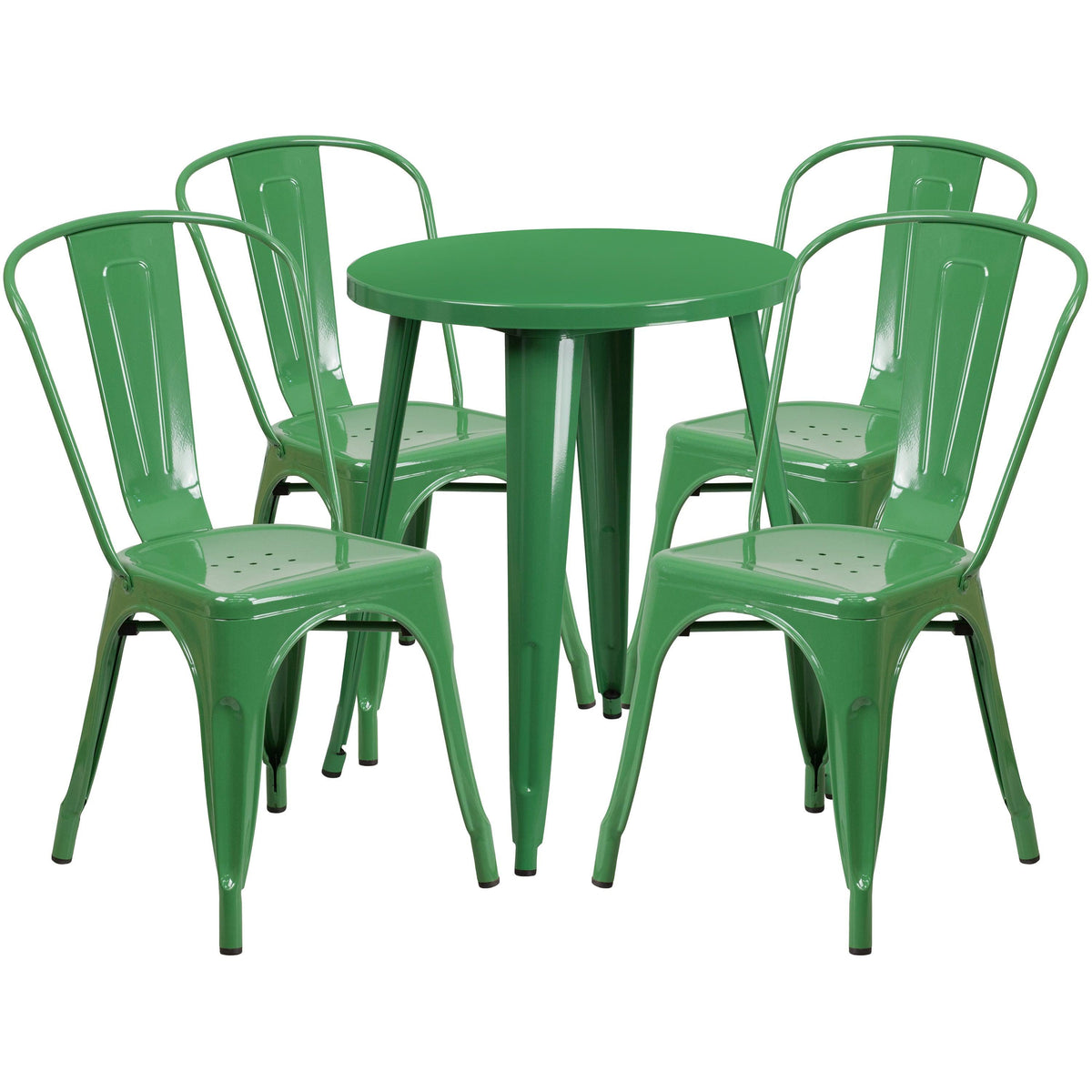 Green |#| 24inch Round Green Metal Indoor-Outdoor Table Set with 4 Cafe Chairs