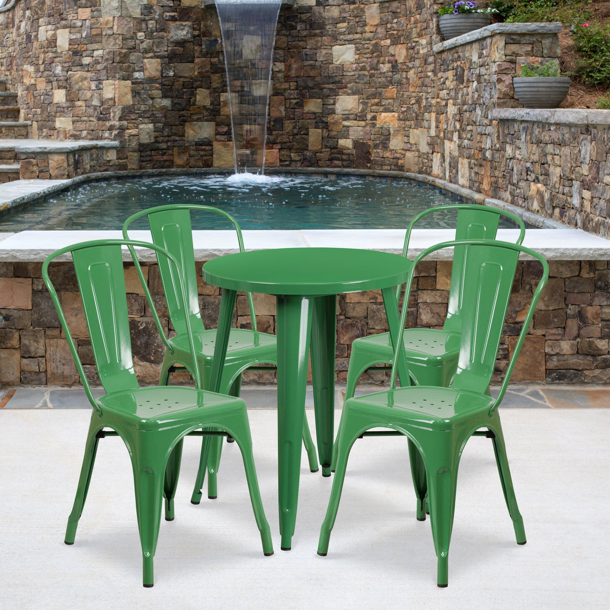 Green |#| 24inch Round Green Metal Indoor-Outdoor Table Set with 4 Cafe Chairs