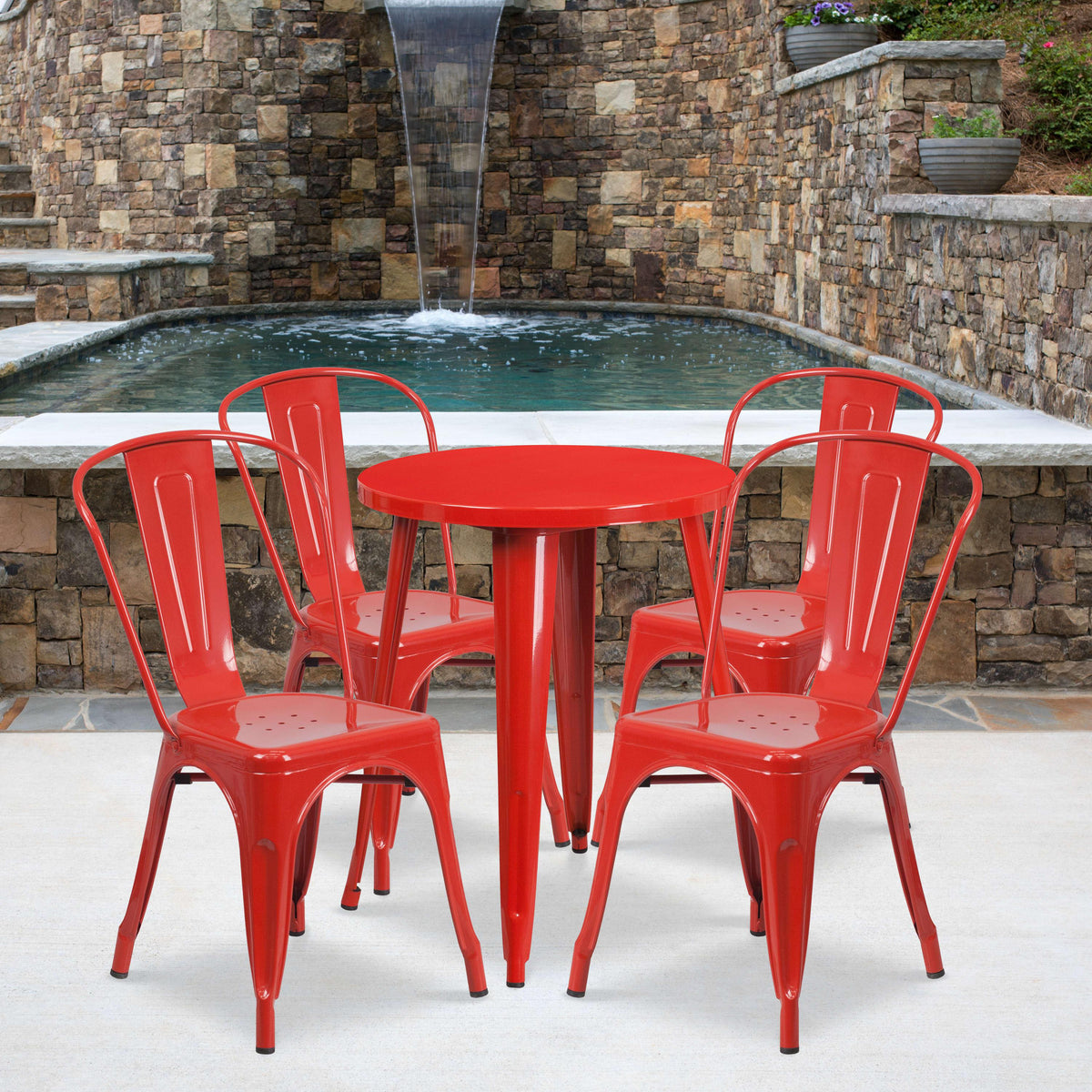 Red |#| 24inch Round Red Metal Indoor-Outdoor Table Set with 4 Cafe Chairs