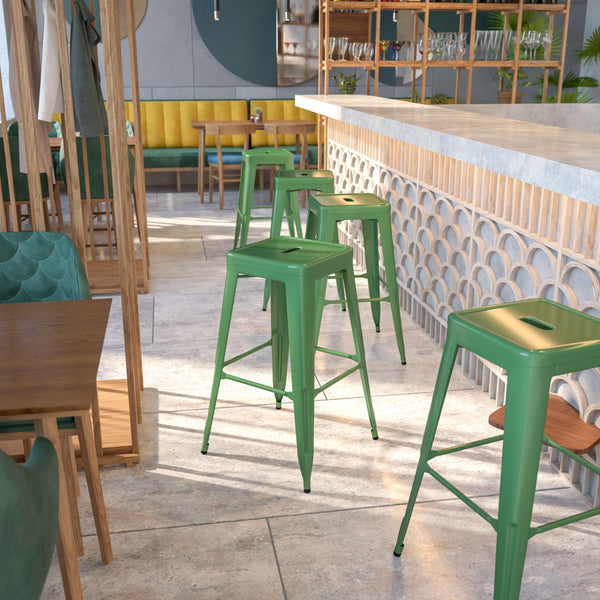 Green |#| Commercial Grade 30inchH Backless Green Metal Indoor-Outdoor Barstool, Square