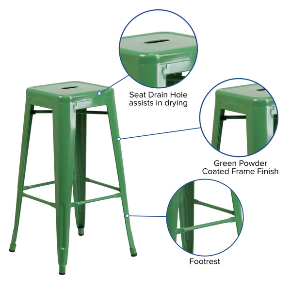 Green |#| Commercial Grade 30inchH Backless Green Metal Indoor-Outdoor Barstool, Square