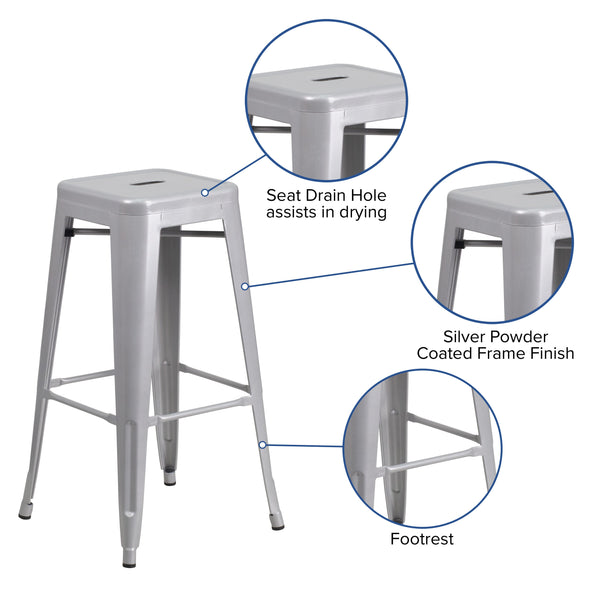 Silver |#| Commercial Grade 30inchH Backless Silver Metal Indoor-Outdoor Barstool, Square