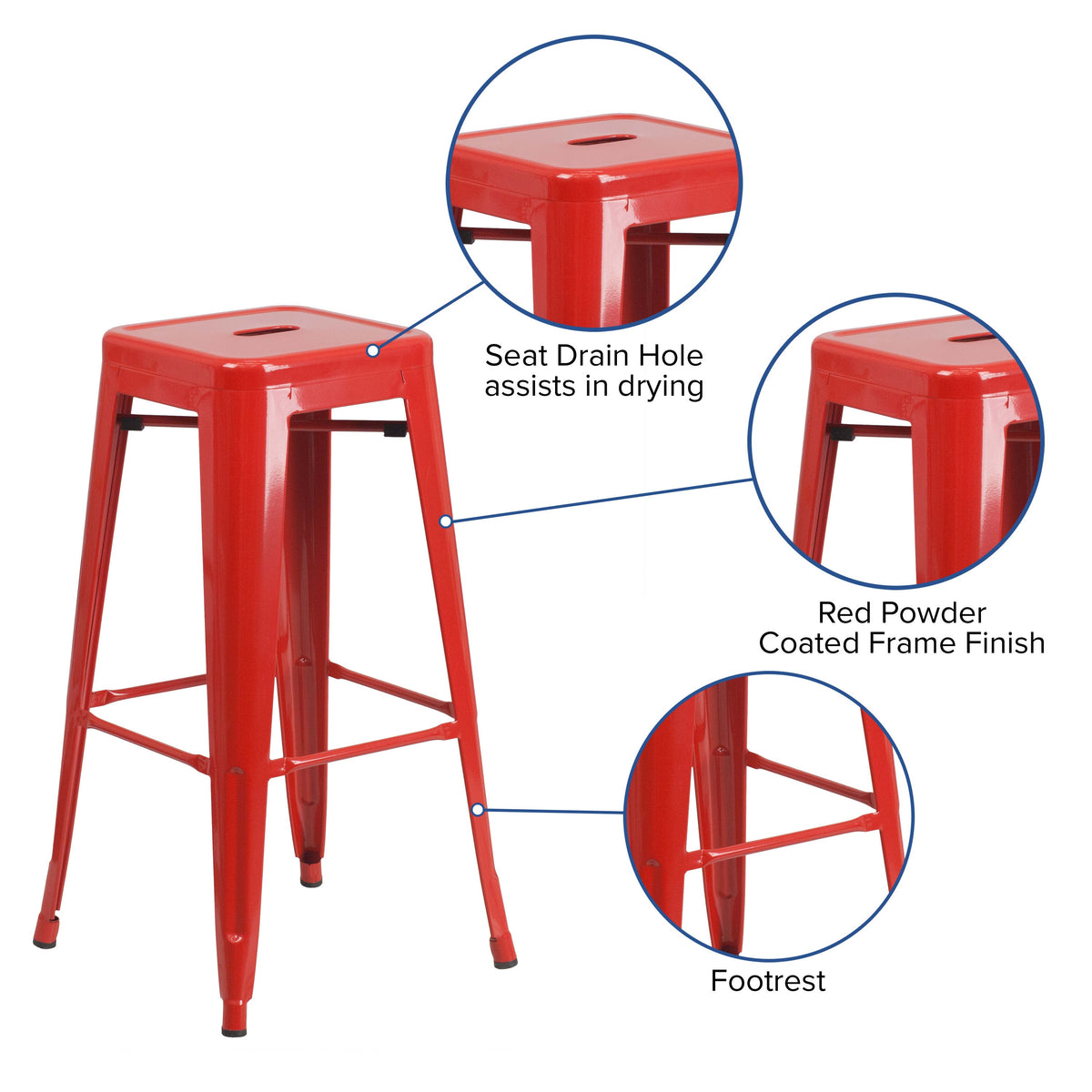 Red |#| Commercial Grade 30inchH Backless Red Metal Indoor-Outdoor Barstool, Square