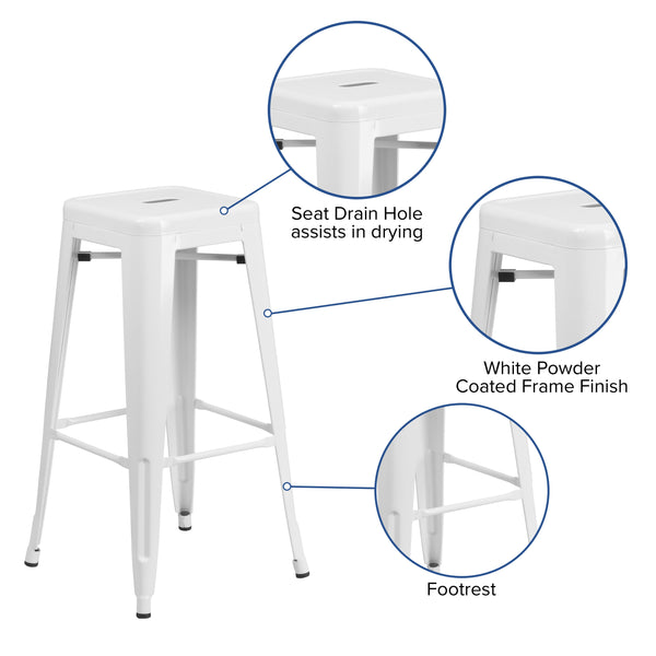 White |#| Commercial Grade 30inchH Backless White Metal Indoor-Outdoor Barstool, Square