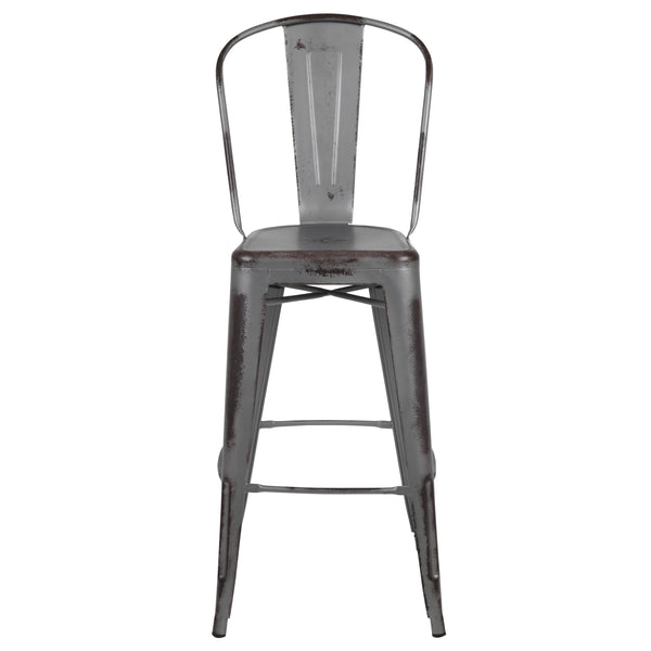 Silver Gray |#| 30inchH Distressed Silver Gray Metal Indoor-Outdoor Dining Barstool with Back