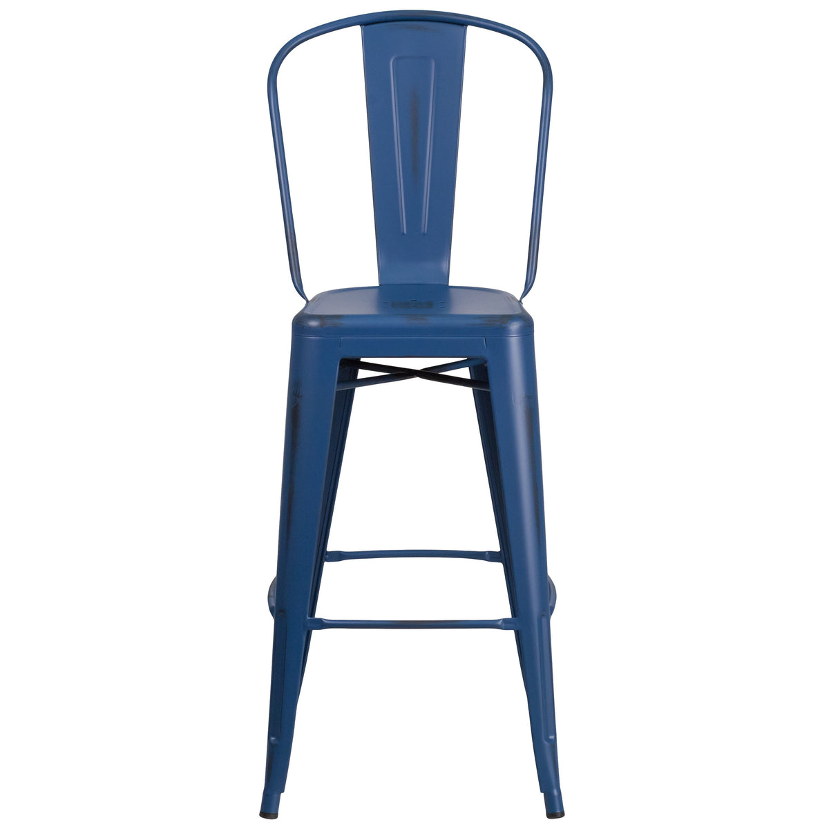 Antique Blue |#| 30inch High Distressed Antique Blue Metal Indoor-Outdoor Barstool with Back