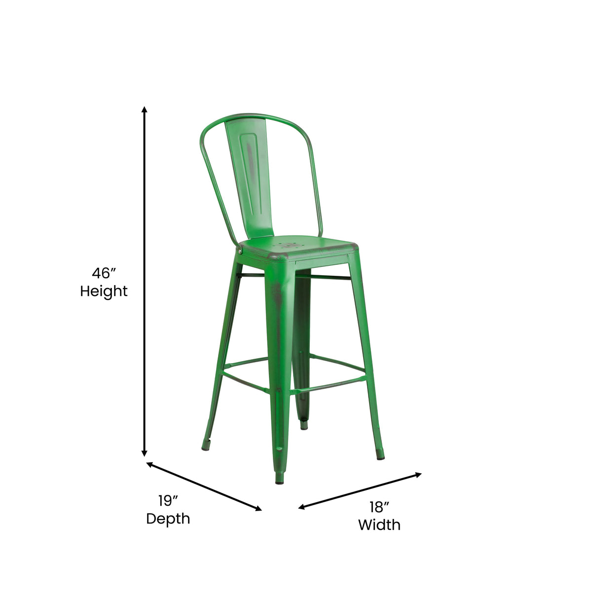 Green |#| 30inch High Distressed Green Metal Indoor-Outdoor Barstool with Back