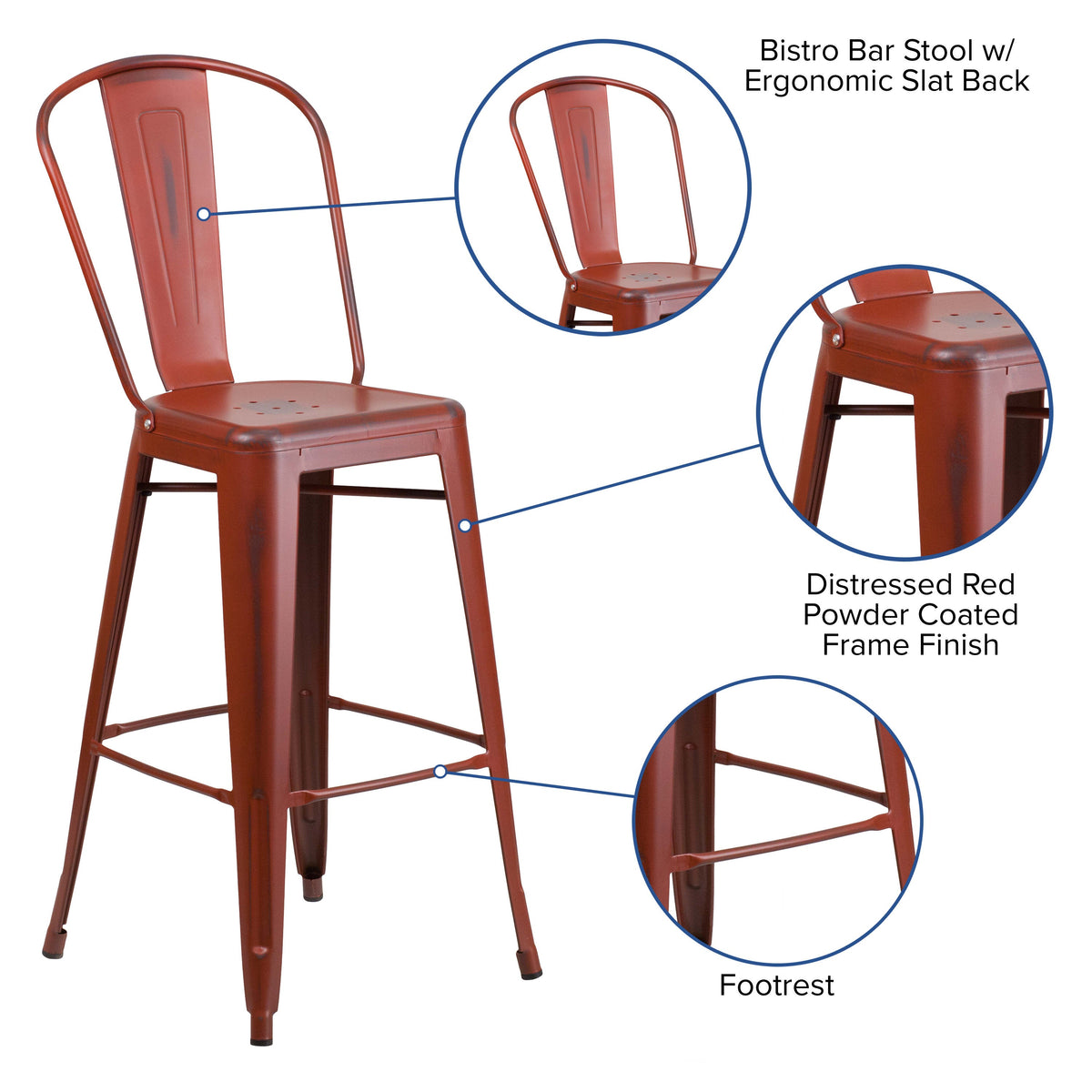 Kelly Red |#| 30inch High Distressed Kelly Red Metal Indoor-Outdoor Barstool with Back