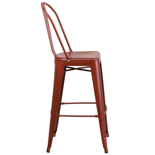 Kelly Red |#| 30inch High Distressed Kelly Red Metal Indoor-Outdoor Barstool with Back