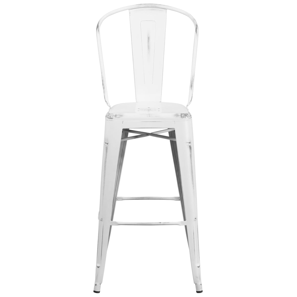 White |#| 30inch High Distressed White Metal Indoor-Outdoor Barstool with Back