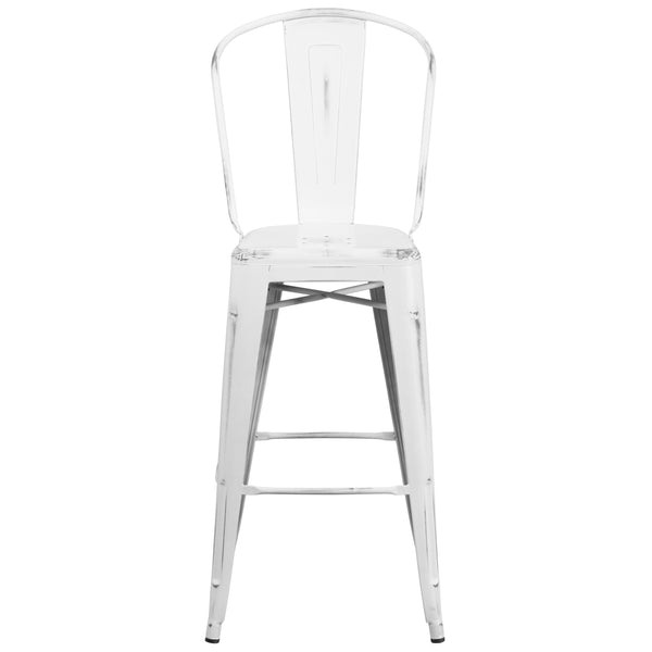 White |#| 30inch High Distressed White Metal Indoor-Outdoor Barstool with Back