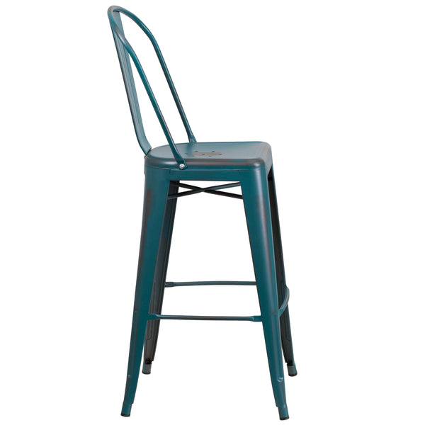 Kelly Blue-Teal |#| 30inch High Distressed Kelly Blue-Teal Metal Indoor-Outdoor Barstool with Back