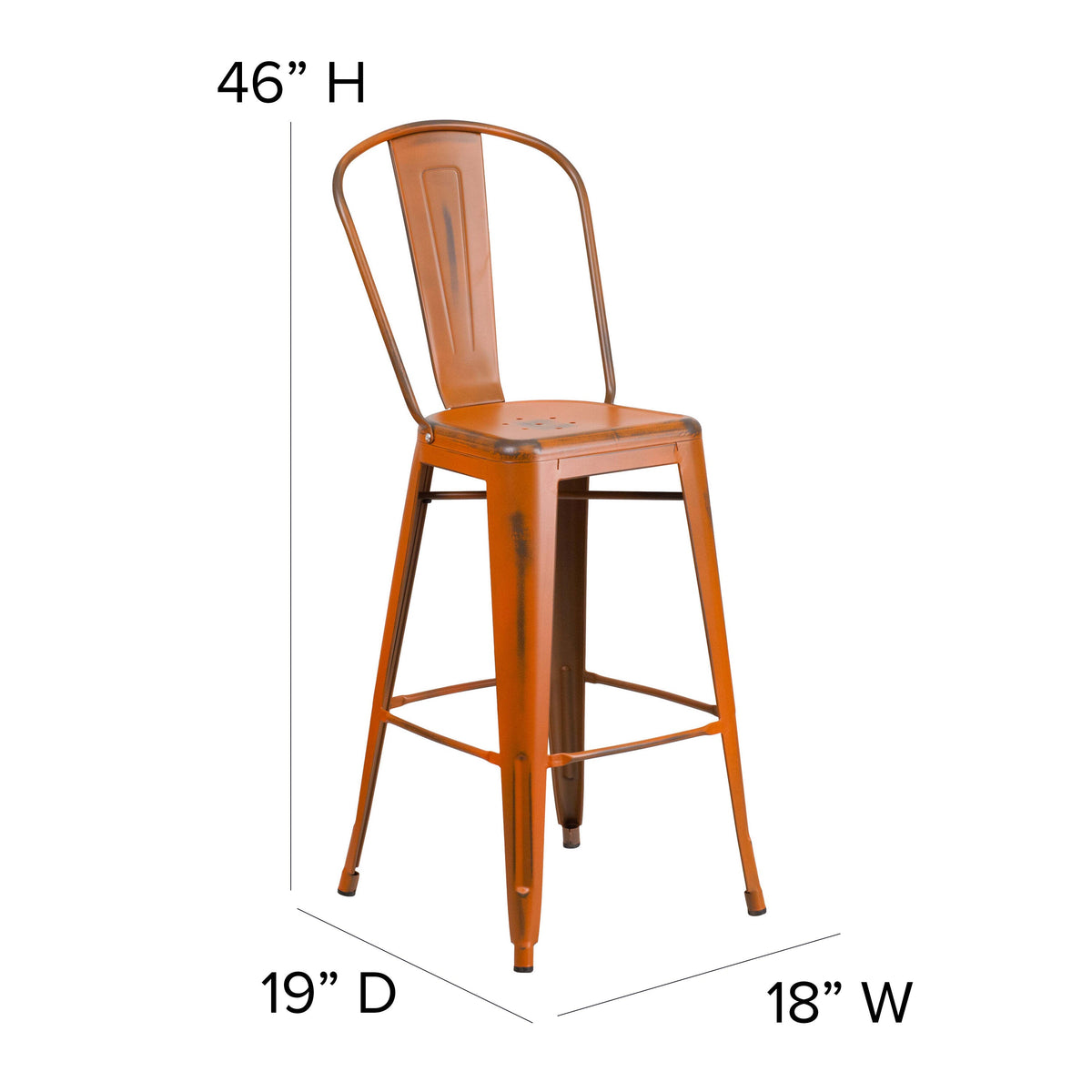 Orange |#| 30inch High Distressed Orange Metal Indoor-Outdoor Barstool with Back