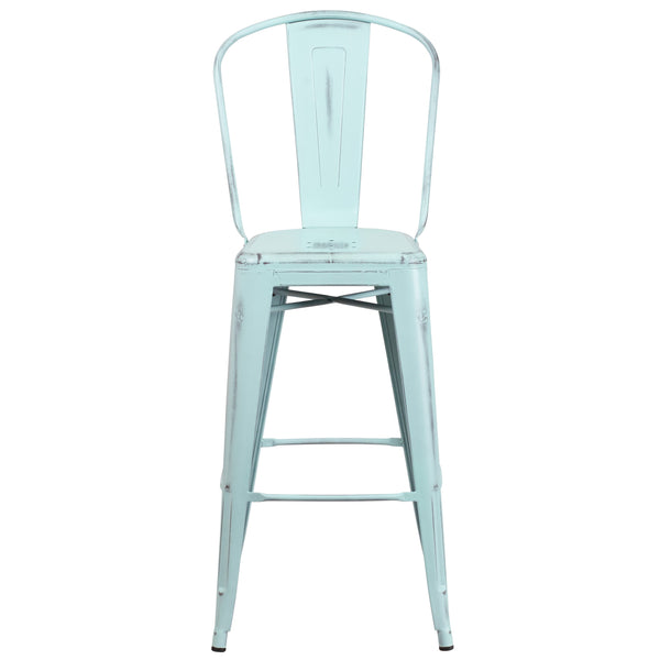 Green-Blue |#| 30inch High Distressed Green-Blue Metal Indoor-Outdoor Barstool with Back