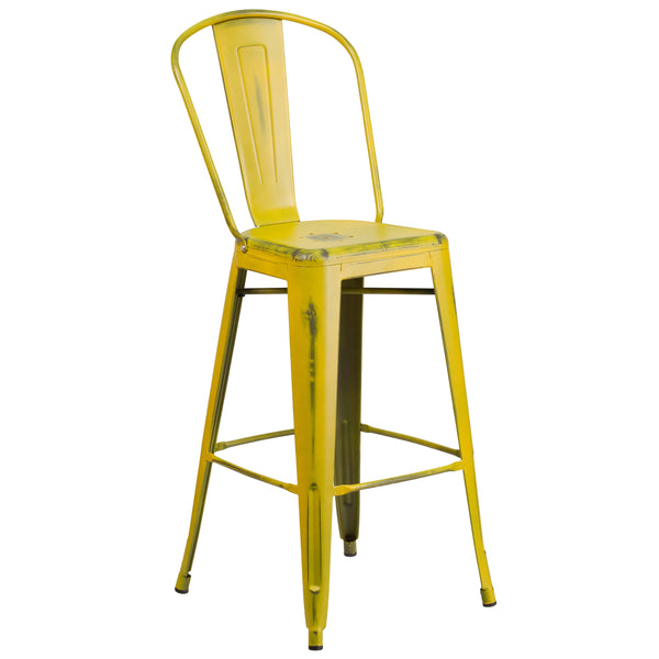 Yellow |#| 30inch High Distressed Yellow Metal Indoor-Outdoor Barstool with Back