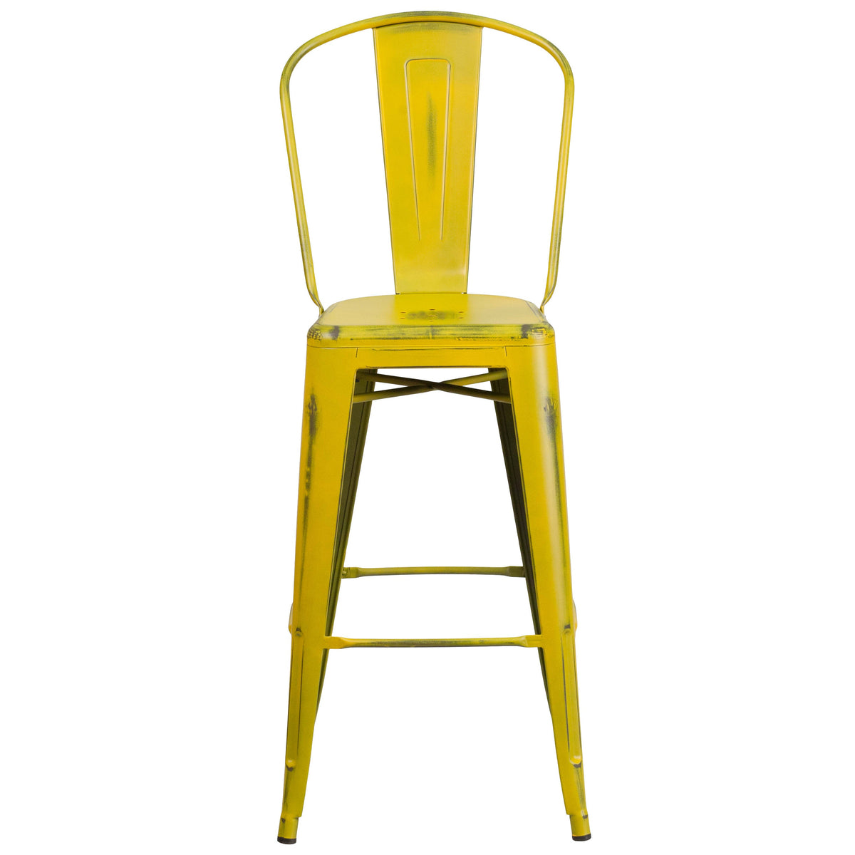 Yellow |#| 30inch High Distressed Yellow Metal Indoor-Outdoor Barstool with Back